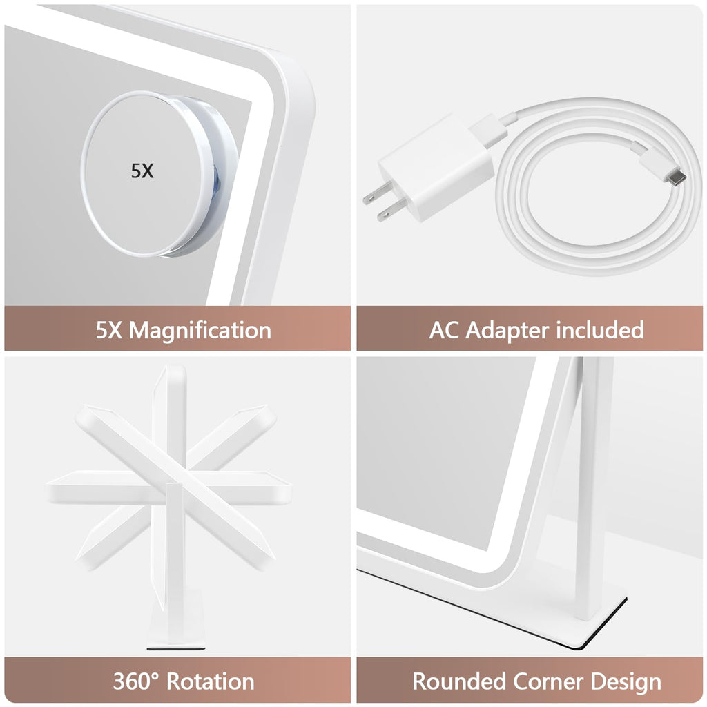 ViKert Vanity Mirror with Lights, 5X Magnification Spot Mirror, Makeup Mirror with Dimmable 3 Color Lighting, 17.3"L x 14.2"W