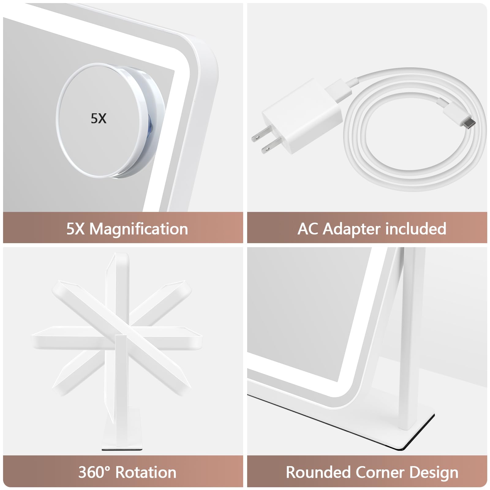 ViKert Vanity Mirror with Lights, 5X Magnification Spot Mirror, Makeup Mirror with Dimmable 3 Color Lighting, 17.3"L x 14.2"W