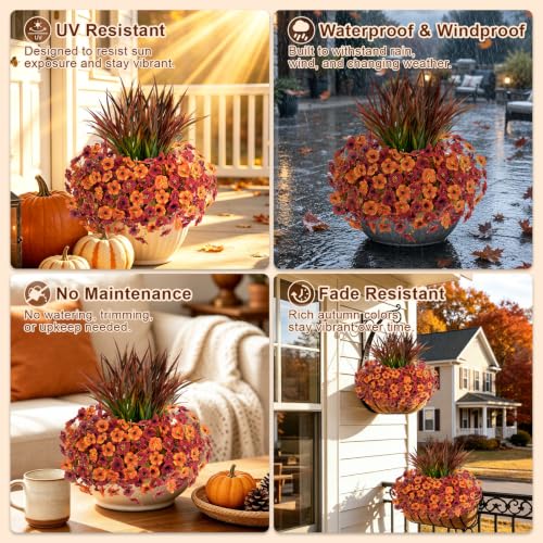 Artificial Fall Flowers Set - UV Resistant Outdoor Decor, Orange Red