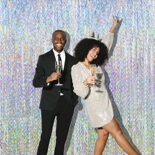 Silver Wave Fringe Curtain Streamer 4 Pack - Metallic Tinsel Backdrop for Parties