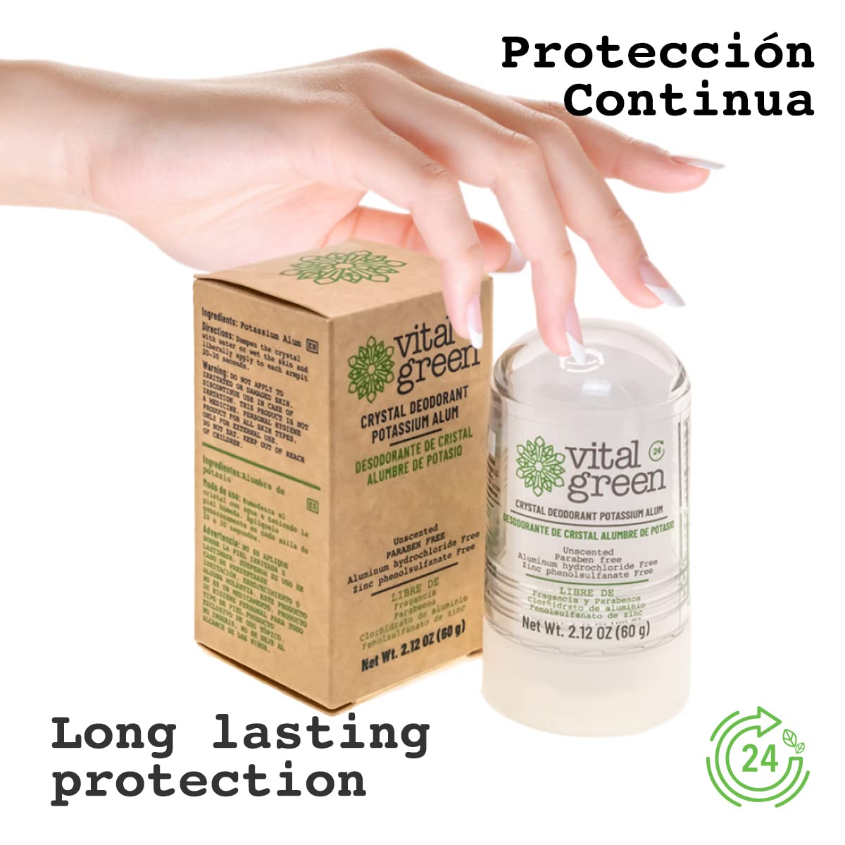 Vital Green Crystal Potassium Alum Deodorant - Unscented Mineral Deodorant For Men, Women And Athletes - 2.12oz / 60 g (2 Units)