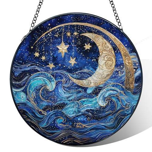 Moon and Star Stained Glass Window Hanging - Blue Celestial Sun Catcher, 7.9in