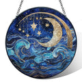 Moon and Star Stained Glass Window Hanging - Blue Celestial Sun Catcher, 7.9in