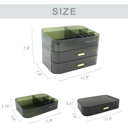 Makeup Organizer with 2 Drawers, Cosmetics Organizer for Bedroom and Bathroom Vanity Countertops, Large Capacity Cosmetic Storage Box for Skincare Cream Perfume Lipstick Dresser Counter-Green