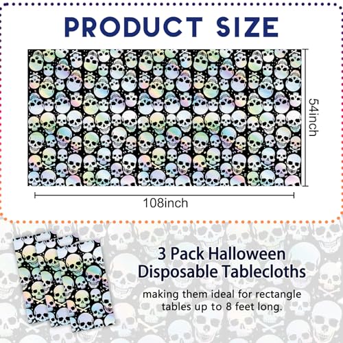 Halloween Skull Tablecloth Disposable 3 Pack - Iridescent 54 x 108 Inch Party Cover