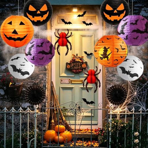 Halloween Hanging Paper Lanterns Set - 12PCS Ghost Pumpkin Decor - Orange, Black, White, Purple