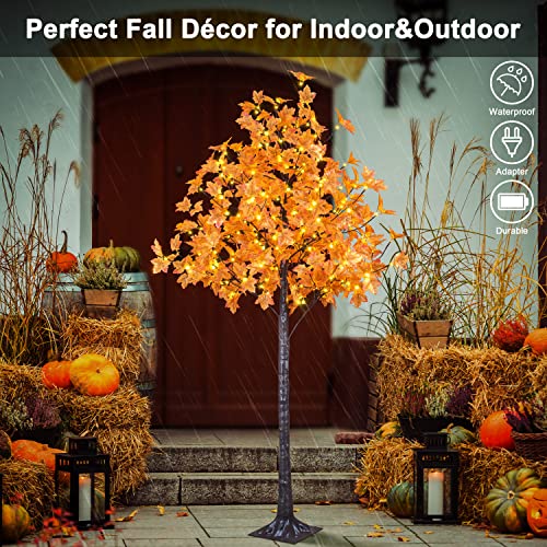 7FT LED Lighted Maple Tree - Fall Harvest Decor with 208 Warm White Lights - Orange for Thanksgiving & Holidays