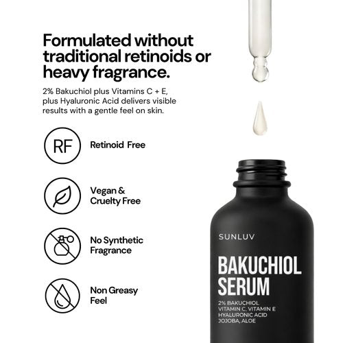 SUNLUV Bakuchiol Serum for Face - 2% Retinol Alternative with Hyaluronic Acid & Vitamin C | Anti-Aging Hydration for Sensitive Skin - 1 oz