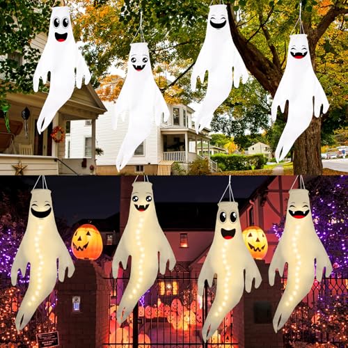 Warm Light Halloween Ghost Windsocks Set - 4 Cute 43 Inch Outdoor Decorations