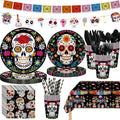 Black Dia de los Muertos Party Supplies Set - Skull Decorations for Mexican Fiesta, Halloween & Birthday