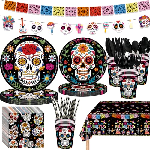 Black Dia de los Muertos Party Supplies Set - Skull Decorations for Mexican Fiesta, Halloween & Birthday