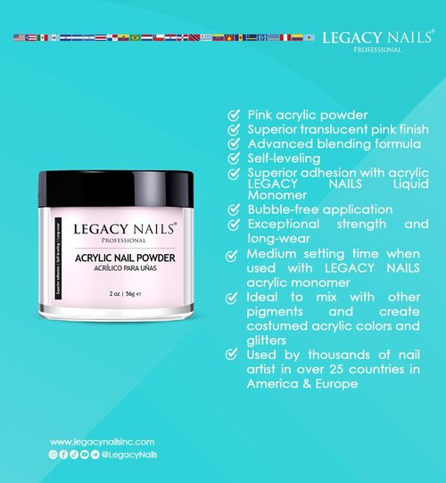 Legacy Nails Pink Acrylic Powder - High-Quality, Fast-Drying Formula for Nail Extensions | 30g / 1oz.