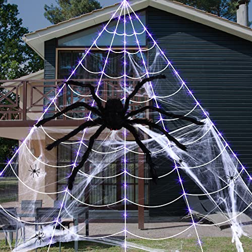 Outdoor Halloween Spider Web Lights Set - 135 LED Purple Lights & Giant Spider