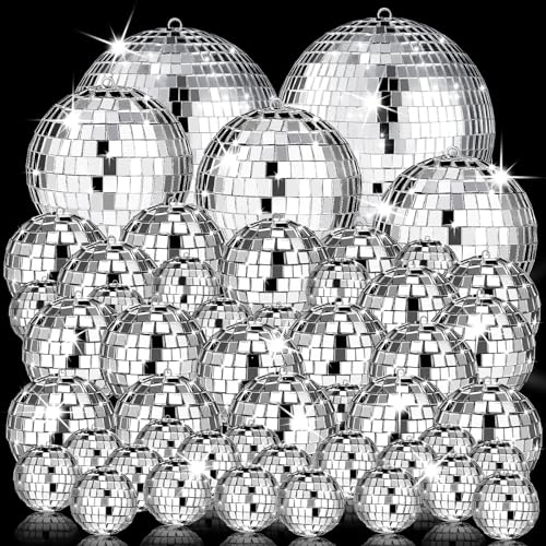 Mini Silver Disco Balls 54 Pcs Set - Hanging Mirror Ornaments for Parties, Weddings, Christmas, Halloween - 1.2, 2, 3.2, 4 Inch Variations