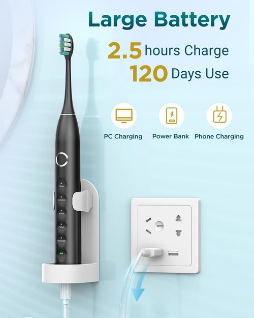 Rtauys S5 Upgraded Sonic Electric Toothbrush for Adults and Kids Ages 12+ with 8 Brush Heads, IPX7 Travel Toothbrush with Case, 2.5 Hours Charge for 120 Days, 5 Modes with Built-in Smart Timer Black