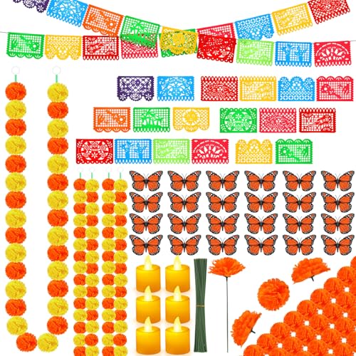 Day of the Dead Decoration Set with Marigolds Butterflies Candles Banner - Dark Orange & Yellow