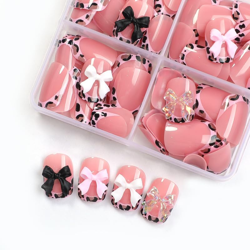 Medium Style Short Square Leopard Fake Nails Set with Bow Charms - Pink