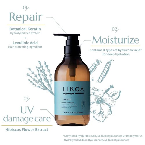 LIKOA Smooth & Neutral Shampoo - Vegan & Halal Botanical Care for Fine, Dry Hair | 500mL, White Floral Scent