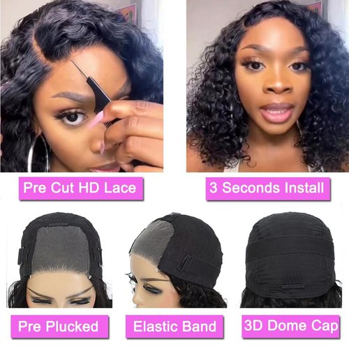 Srakuw Wear and Go Glueless Wigs Human Hair Pre Plucked Pre Cut 4x4 Lace Front Wigs for Black Women for Beginners 180 Density Curly Bob Wig Human Hair (8 Inch)