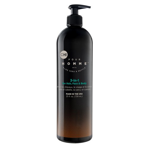 CHI Pour Homme 3-in-1 Hair, Face & Body Wash for Men, Sulfate-Free Cleansing & Moisturizing Shampoo, Fresh Woody Scent, Aloe Vera & Nettle-Infused Grooming Cleanser, 25 oz