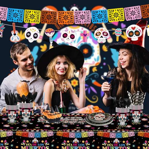 Black Dia de los Muertos Party Supplies Set - Skull Decorations for Mexican Fiesta, Halloween & Birthday