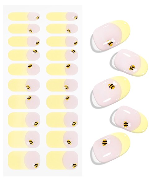 JMEOWIO Gel Nail Stickers Bee Yellow French Tip Semi Cured Gel Nail Strips Wraps UV/LED Nails Art Design Decoration Accessories