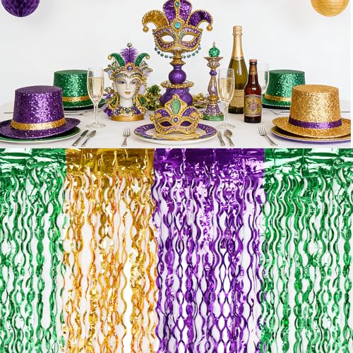 Metallic Tinsel Foil Fringe Table Skirts - 2 Pack, Purple Green Gold, Wavy Party Decor