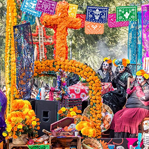 Mexican Party Decorations Set with Marigold Flowers & Banners - Orange & Yellow - Dia De Los Muertos & Fiesta Decor