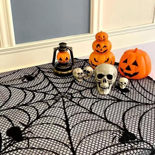 Halloween Lace Tablecloth with Spider Web Design, 40 Inch Spooky Party Decor