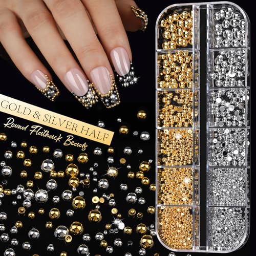Gold & Silver Nail Charms Set with Rhinestones for Nail Art - 6 Boxes