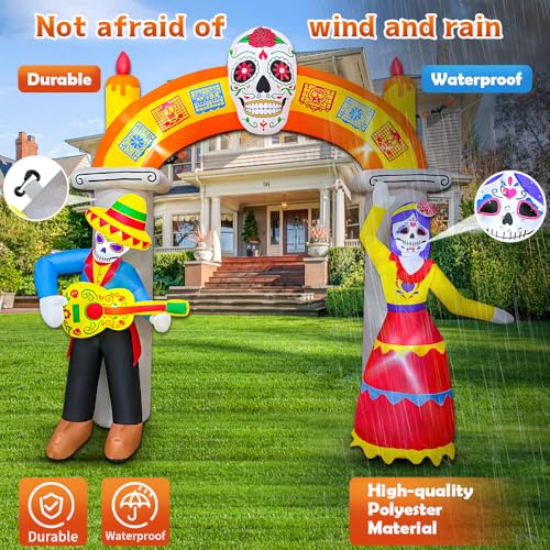 9Ft Skeleton Arch Inflatable Halloween Decoration with Skull & LED Lights - Day of The Dead Yard Decor