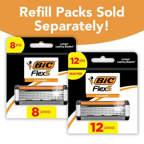 BIC Flex 5 Men's Refillable 5 Blade Razors, Long-Lasting and Comfortable Shave, 1 Handle and 7 Cartridges