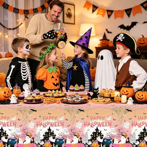 Pink Halloween Tablecloth Set - 3 Disposable 108x54 Inch Ghost Pumpkin Bats