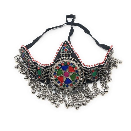 Duel On Jewel Ertuğrul Halima Turkish Kayi Tribal Afghan Kuchi Headpiece with Antique Finish Beads, Multicolor Stones, and Medallion Centerpiece - Costume Party Belly Dancing Gifts - Turkman Afghan