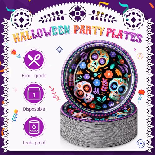Purple Dia De Los Muertos Sugar Skull Paper Plates 7 Inch - 100 Pack