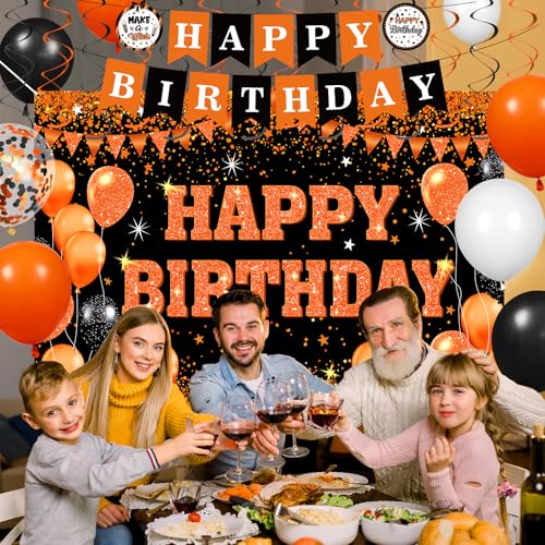 Orange and Black Birthday Party Decorations Set with Banner Balloons & Swirls