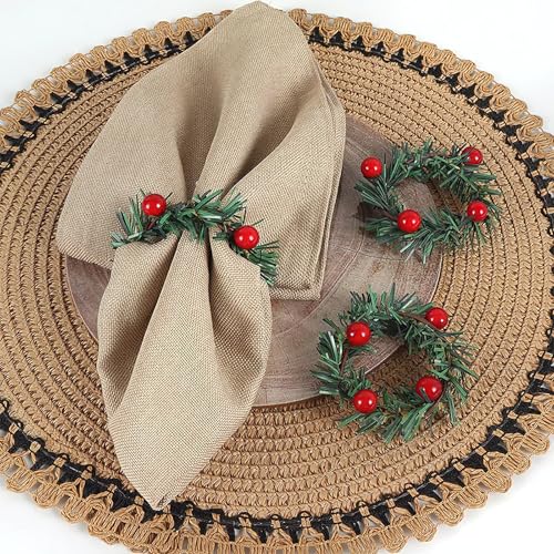 12Pcs Christmas Napkin Rings Pine Needle & Red Fruit Flower Holiday Decor