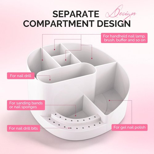 MelodySusie Nail Art Tools Storage Box with 18 Holes & 7 Compartments,Sturdy Large Capacity and Compatible with 3/32" Nail Drill Bits, Nail Drill Holder for Nail Station,Salon & Home, White