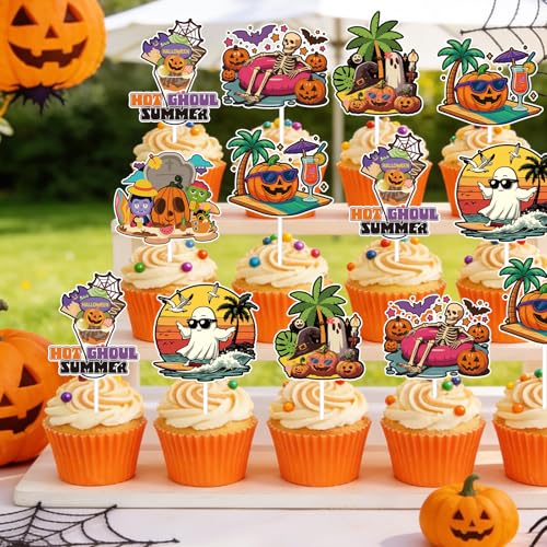 48Pcs Summer Halloween Cupcake Toppers - Beach Ghost Pumpkin Skeleton Decor