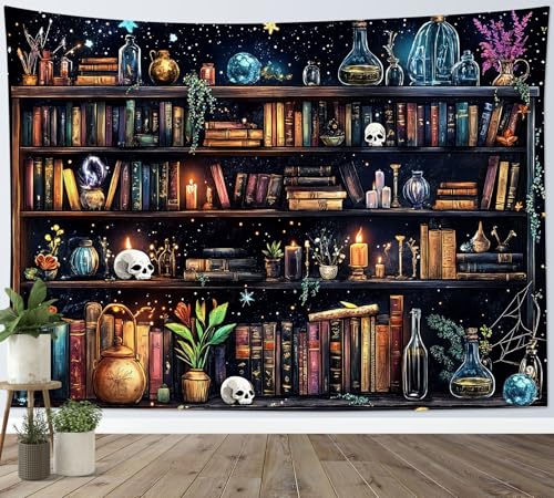 Multicolor Magic Bookshelf Tapestry Wall Hanging - Halloween Witchy Decor 40x60 Inches