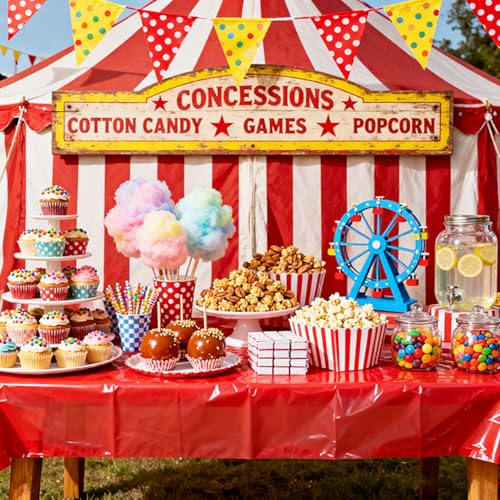 Carnival Party Tablecloths 4-Pack 51x87 Inch Plastic Disposable Rectangular Table Covers for Kids Birthday and Carnival Decorations