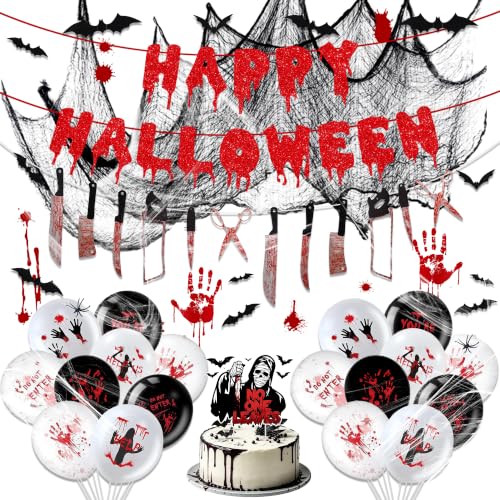 Halloween Party Decorations Banner Set with Web, Balloons & Spooky Accents