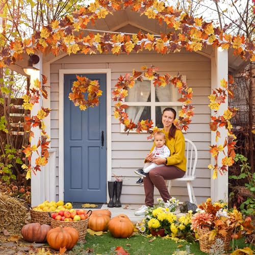 Helimoto Fall Maple Leaf Garland 4 Pack - 23.6FT Autumn Halloween Decor - Brownyellow