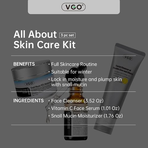 VGO Skin Care Set - Snail Mucin Moisturizer 1.76 Oz, Vitamin C Serum 1.01 Oz & Facial Cleanser 3.52 Oz | Vegan & Cruelty-Free Daily Routine for Sensitive Skin