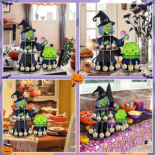 Halloween Cupcake Stand Set with 24 Toppers - 3-Tier Cauldron & Witch Designs