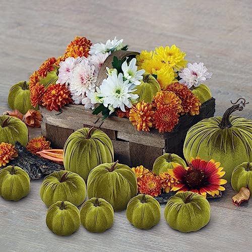 Artificial Velvet Pumpkins Set - 16 Assorted Sizes, Green Variation