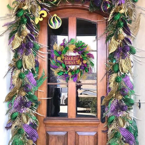 20-Inch Mardi Gras Glitter Wreath with Sign - Purple & Green Indoor Outdoor Decor, Variation: Green