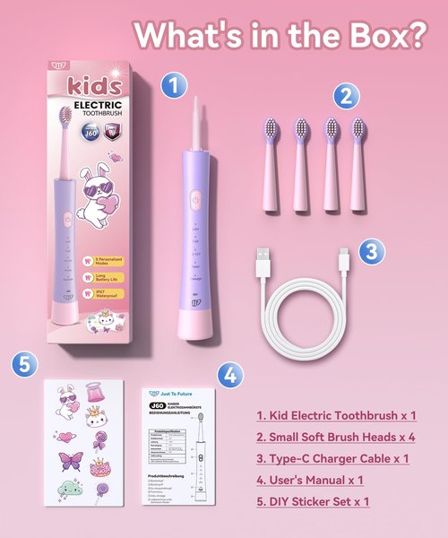 JTF Rechargeable Electric Toothbrush for Kids: 5 Gentle Modes for Ages 3+, Safe & Effective for Sensitive Teeth - with Fun DIY Stickers, 4 Soft Brush Heads, Children Sonic Toothbrush for Home & School