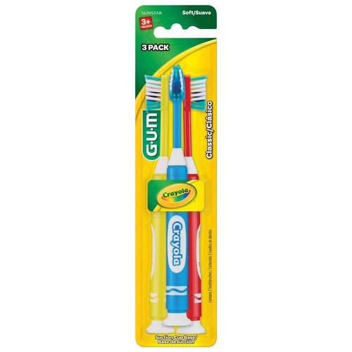 GUM Crayola Marker Children’s Toothbrush, Soft Bristled Kids’ Toothbrush Set Age 3+, Suction Cup Base, 3 Count (Pack of 2)