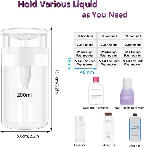 Moonlik 3Pack Acetone Dispenser, Push Down Pump Dispenser Nail Polish Remover Alcohol Bottle with Labels Empty Travel Container with Label for Makeup Liquid Jar 6.7oz/200ML